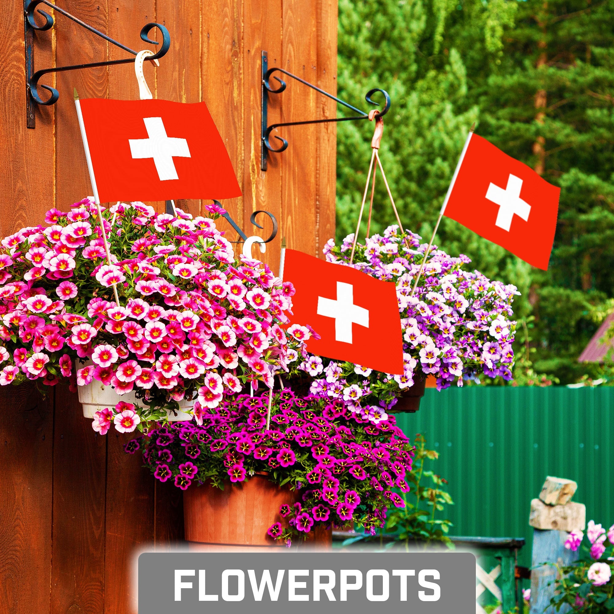 G128 50 Pack Handheld Switzerland Swiss Stick Flags | 8x12 In | Printed 150D Polyester, Country Flag, Solid Wooden Stick, Spear Gold Tip