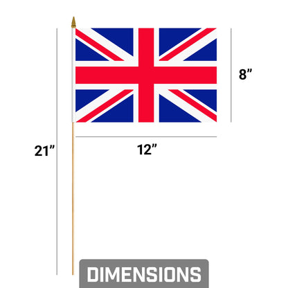 G128 12 Pack Handheld United Kingdom UK Stick Flags | 8x12 In | Printed 150D Polyester, Country Flag, Solid Wooden Stick, Spear Gold Tip