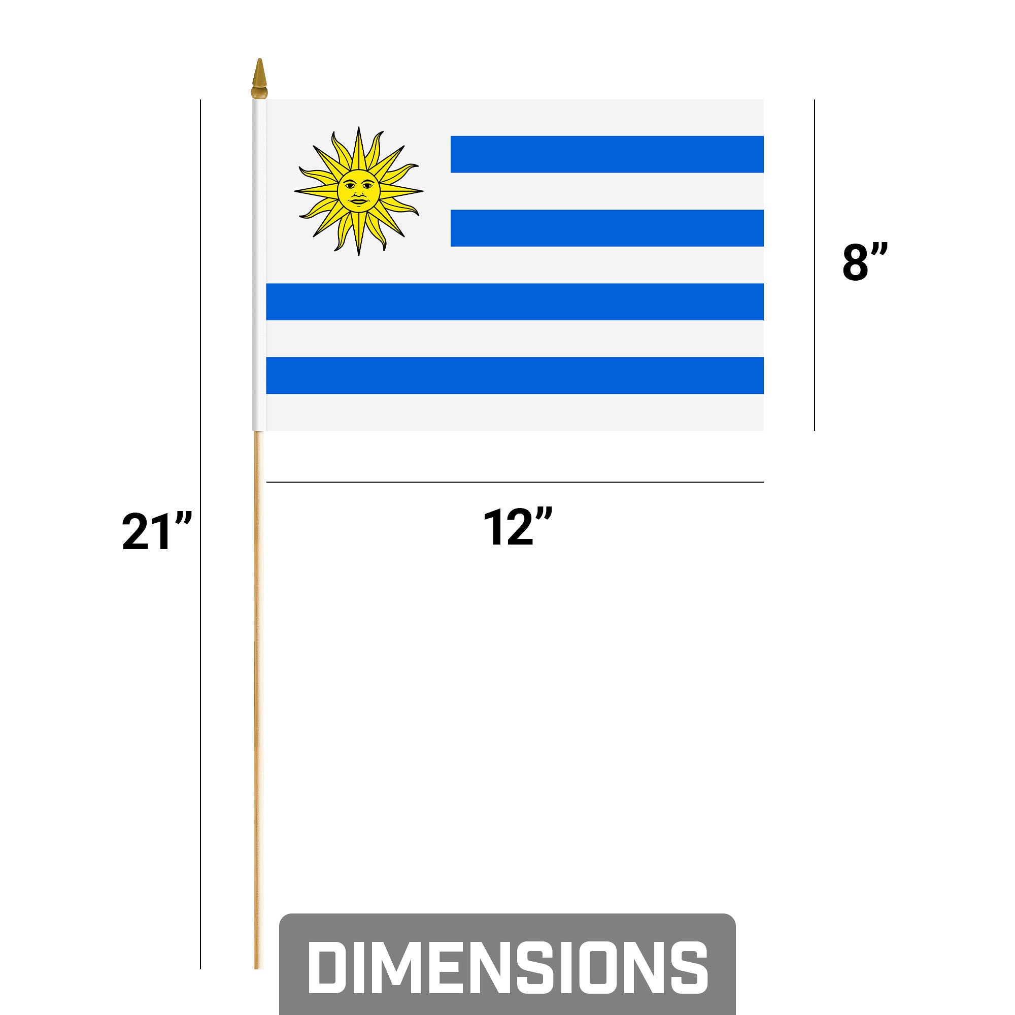 G128 50 Pack Handheld Uruguay Uruguayan Stick Flags | 8x12 In | Printed 150D Polyester, Country Flag, Solid Wooden Stick, Spear Gold Tip