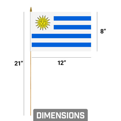 G128 30 Pack Handheld Uruguay Uruguayan Stick Flags | 8x12 In | Printed 150D Polyester, Country Flag, Solid Wooden Stick, Spear Gold Tip