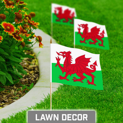 G128 30 Pack Handheld Wales Welsh Stick Flags | 8x12 In | Printed 150D Polyester, Country Flag, Solid Wooden Stick, Spear Gold Tip