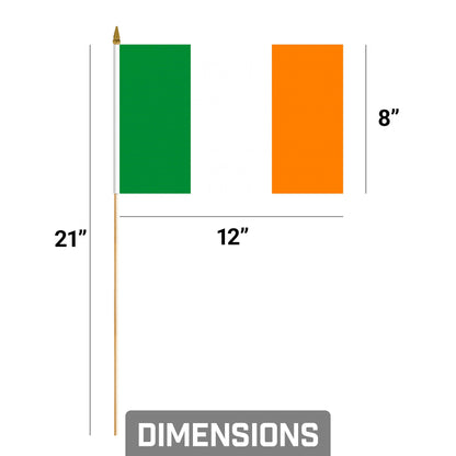 G128 30 Pack Handheld Ireland Irish Stick Flags | 8x12 In | Printed 150D Polyester, Country Flag, Solid Wooden Stick, Spear Gold Tip