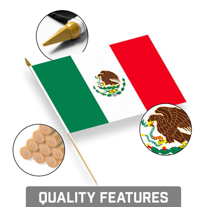 G128 30 Pack Handheld Mexico Mexican Stick Flags | 8x12 In | Printed 150D Polyester, Country Flag, Solid Wooden Stick, Spear Gold Tip
