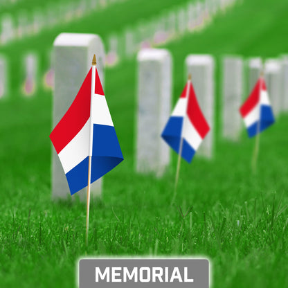 G128 30 Pack Handheld Netherlands Dutch Stick Flags | 8x12 In | Printed 150D Polyester, Country Flag, Solid Wooden Stick, Spear Gold Tip