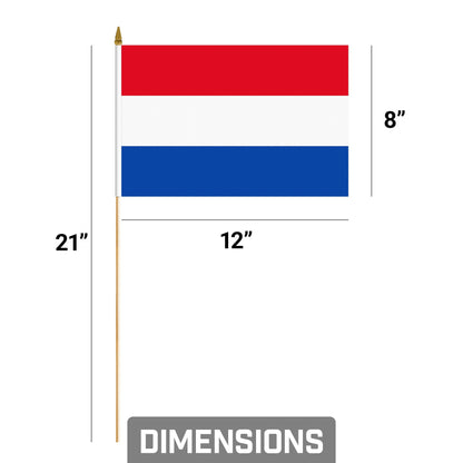 G128 50 Pack Handheld Netherlands Dutch Stick Flags | 8x12 In | Printed 150D Polyester, Country Flag, Solid Wooden Stick, Spear Gold Tip