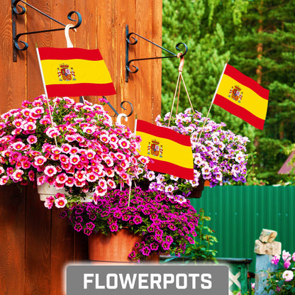 G128 24 Pack Handheld Spain Spanish Stick Flags | 8x12 In | Printed 150D Polyester, Country Flag, Solid Wooden Stick, Spear Gold Tip