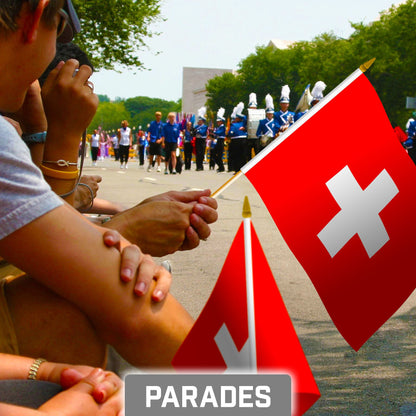 G128 12 Pack Handheld Switzerland Swiss Stick Flags | 8x12 In | Printed 150D Polyester, Country Flag, Solid Wooden Stick, Spear Gold Tip