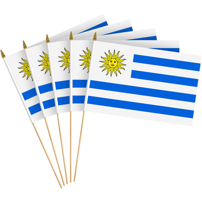G128 12 Pack Handheld Uruguay Uruguayan Stick Flags | 8x12 In | Printed 150D Polyester, Country Flag, Solid Wooden Stick, Spear Gold Tip