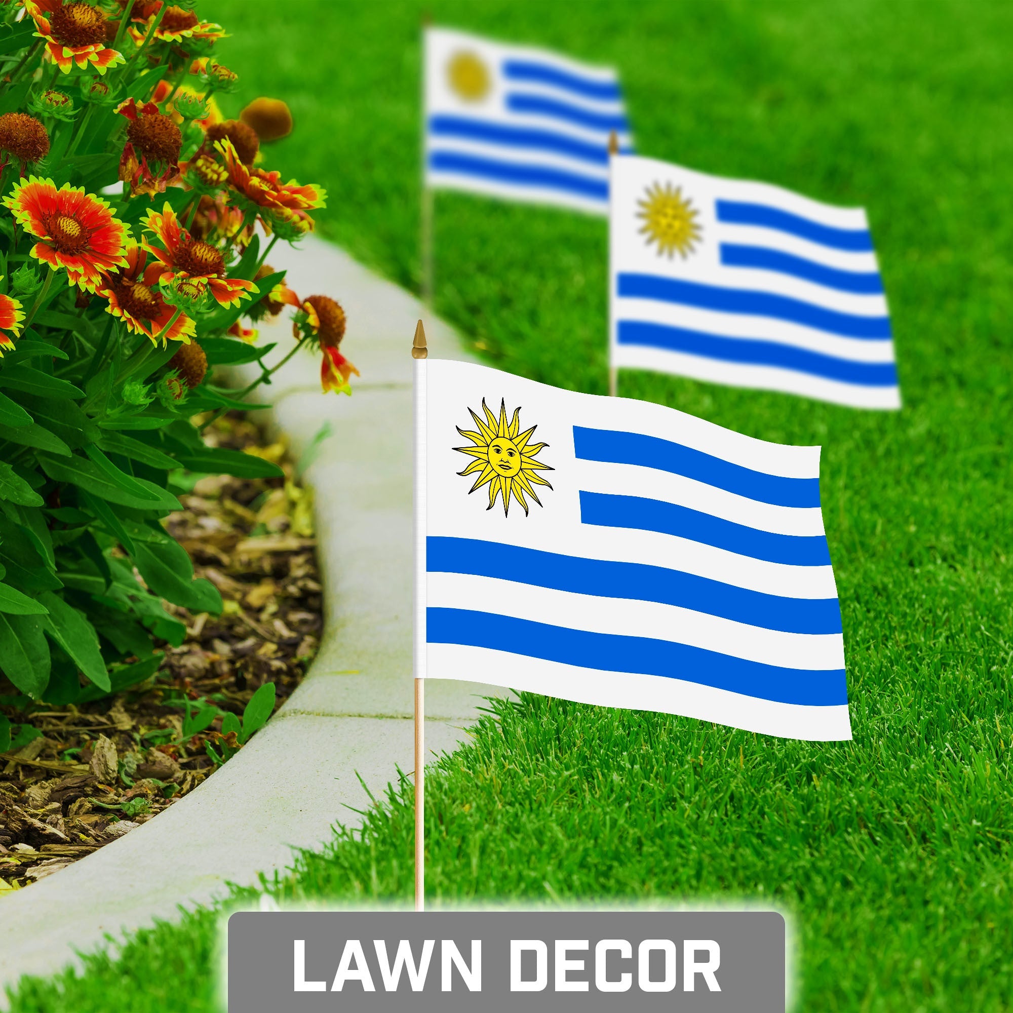 G128 12 Pack Handheld Uruguay Uruguayan Stick Flags | 8x12 In | Printed 150D Polyester, Country Flag, Solid Wooden Stick, Spear Gold Tip