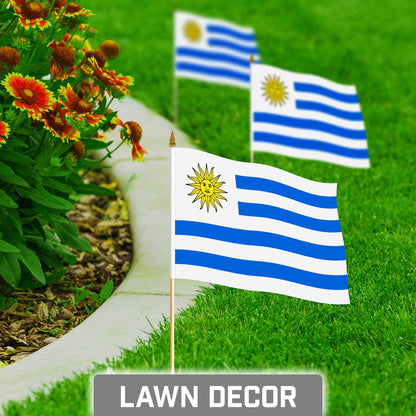 G128 30 Pack Handheld Uruguay Uruguayan Stick Flags | 8x12 In | Printed 150D Polyester, Country Flag, Solid Wooden Stick, Spear Gold Tip