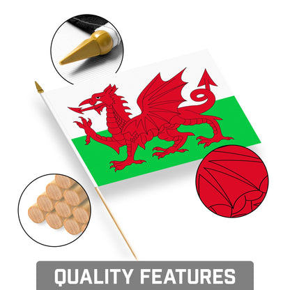 G128 30 Pack Handheld Wales Welsh Stick Flags | 8x12 In | Printed 150D Polyester, Country Flag, Solid Wooden Stick, Spear Gold Tip
