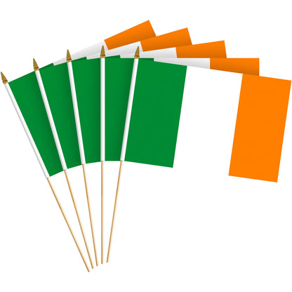 G128 30 Pack Handheld Ireland Irish Stick Flags | 8x12 In | Printed 150D Polyester, Country Flag, Solid Wooden Stick, Spear Gold Tip