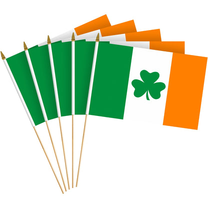 G128 12 Pack Handheld Ireland Shamrock Irish Stick Flags | 8x12 In | Printed 150D Polyester, Country Flag, Solid Wooden Stick, Spear Gold Tip