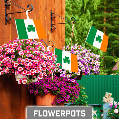 G128 30 Pack Handheld Ireland Shamrock Irish Stick Flags | 8x12 In | Printed 150D Polyester, Country Flag, Solid Wooden Stick, Spear Gold Tip