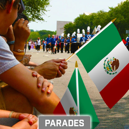 G128 50 Pack Handheld Mexico Mexican Stick Flags | 8x12 In | Printed 150D Polyester, Country Flag, Solid Wooden Stick, Spear Gold Tip