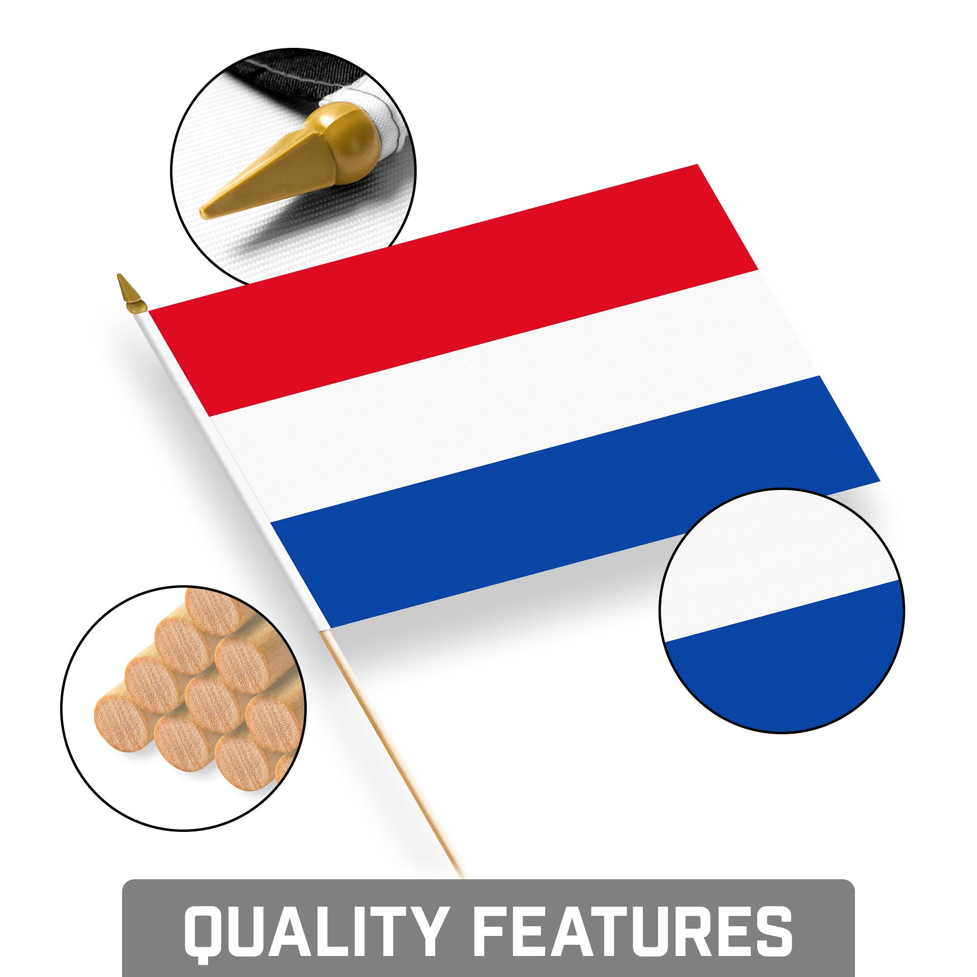 G128 24 Pack Handheld Netherlands Dutch Stick Flags | 8x12 In | Printed 150D Polyester, Country Flag, Solid Wooden Stick, Spear Gold Tip