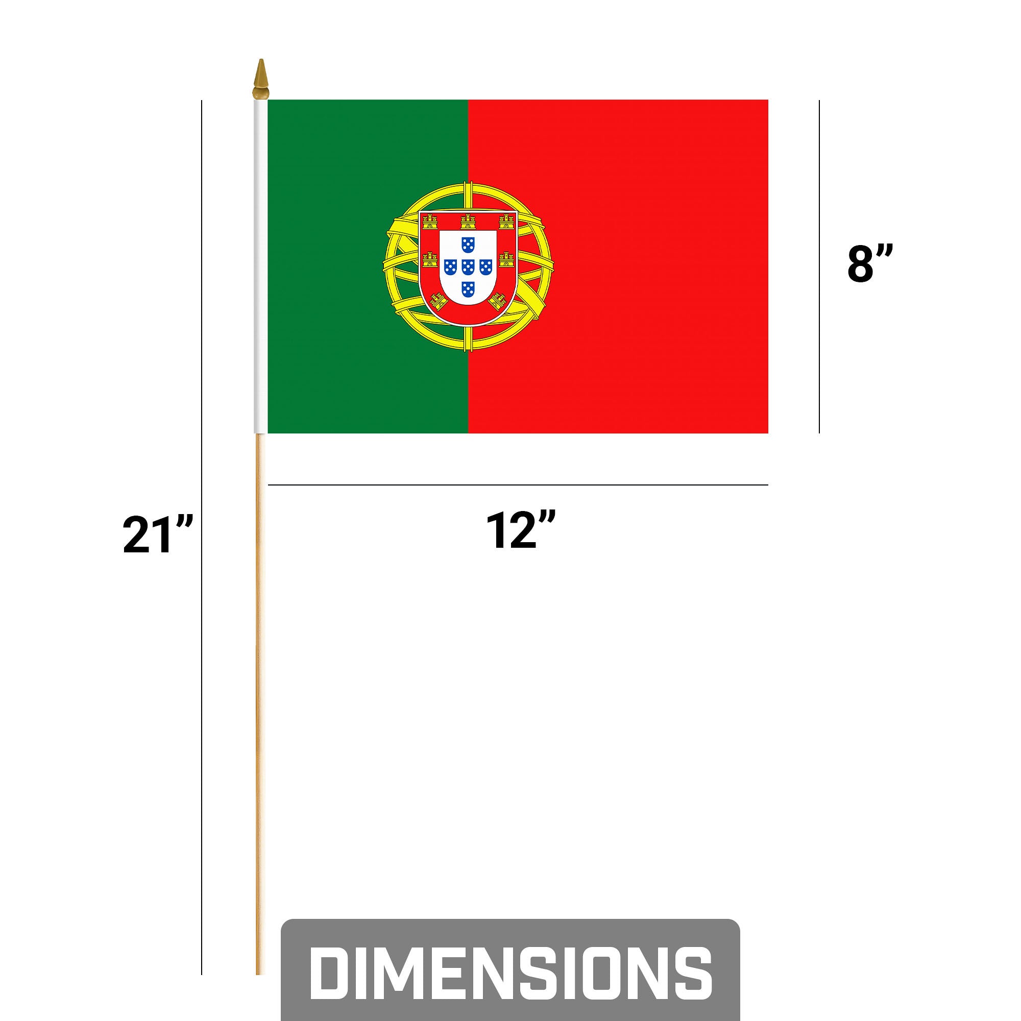 G128 24 Pack Handheld Portugal Portuguese Stick Flags | 8x12 In | Printed 150D Polyester, Country Flag, Solid Wooden Stick, Spear Gold Tip