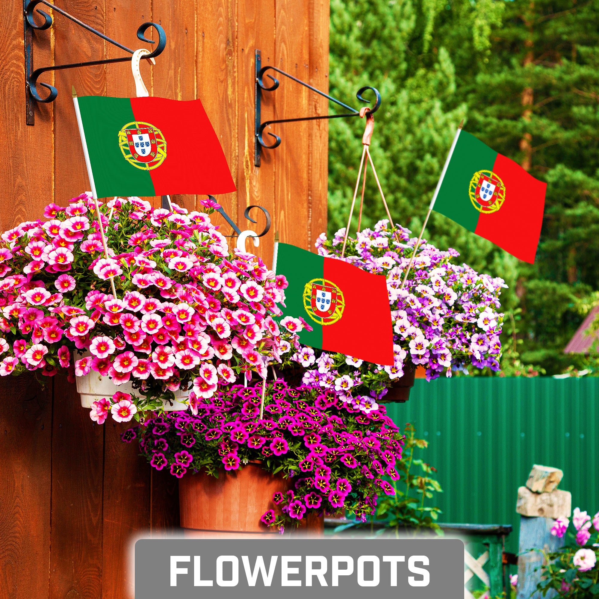 G128 12 Pack Handheld Portugal Portuguese Stick Flags | 8x12 In | Printed 150D Polyester, Country Flag, Solid Wooden Stick, Spear Gold Tip