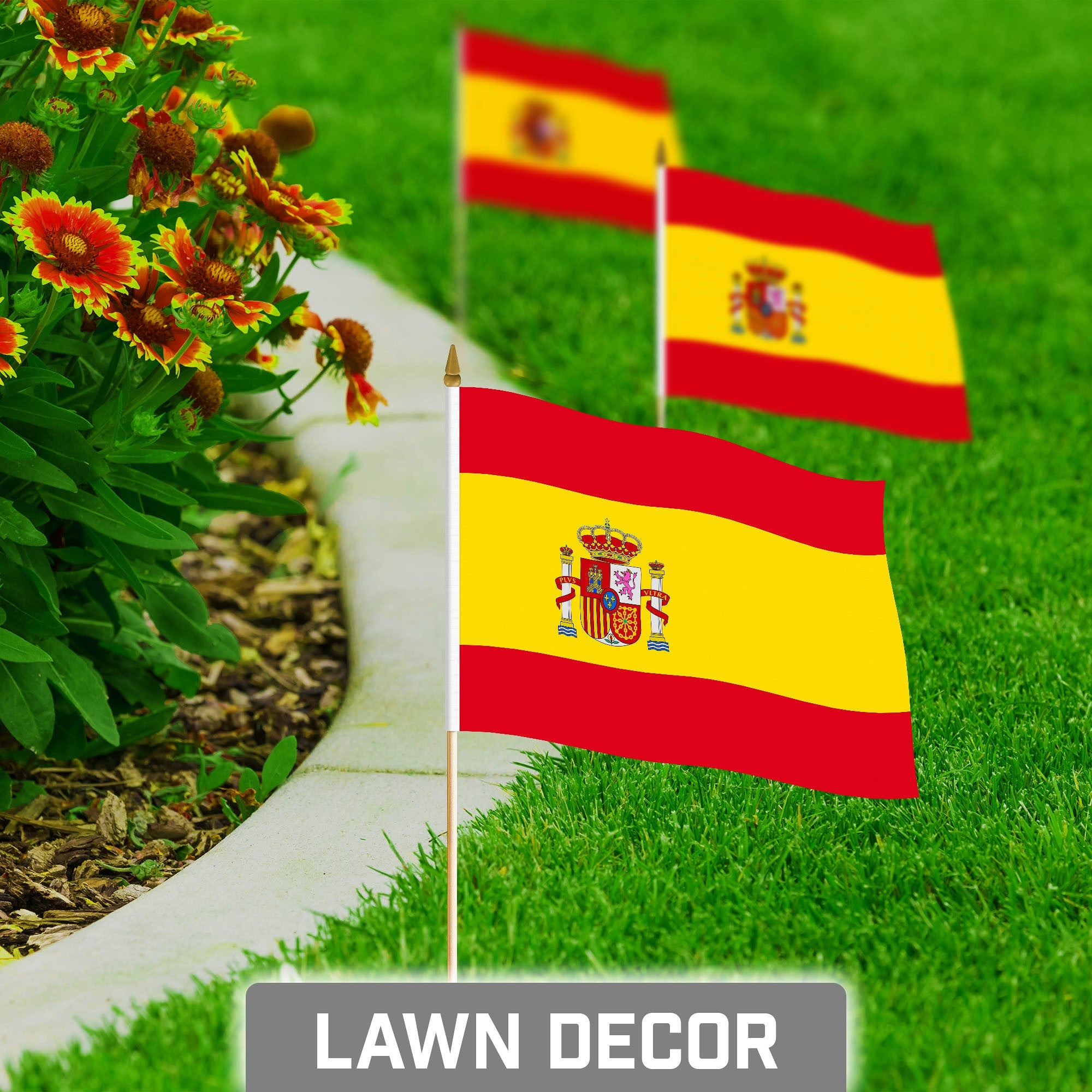 G128 24 Pack Handheld Spain Spanish Stick Flags | 8x12 In | Printed 150D Polyester, Country Flag, Solid Wooden Stick, Spear Gold Tip
