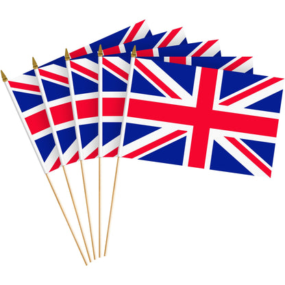 G128 30 Pack Handheld United Kingdom UK Stick Flags | 8x12 In | Printed 150D Polyester, Country Flag, Solid Wooden Stick, Spear Gold Tip