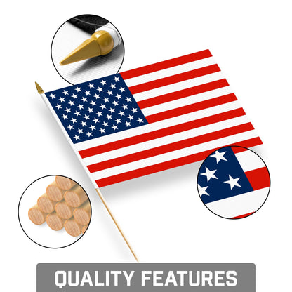 G128 24 Pack Handheld American USA Stick Flags | 8x12 In | Printed 150D Polyester, Country Flag, Solid Wooden Stick, Spear Gold Tip, Great for Patriotic Decorations