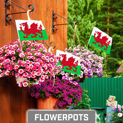 G128 50 Pack Handheld Wales Welsh Stick Flags | 8x12 In | Printed 150D Polyester, Country Flag, Solid Wooden Stick, Spear Gold Tip