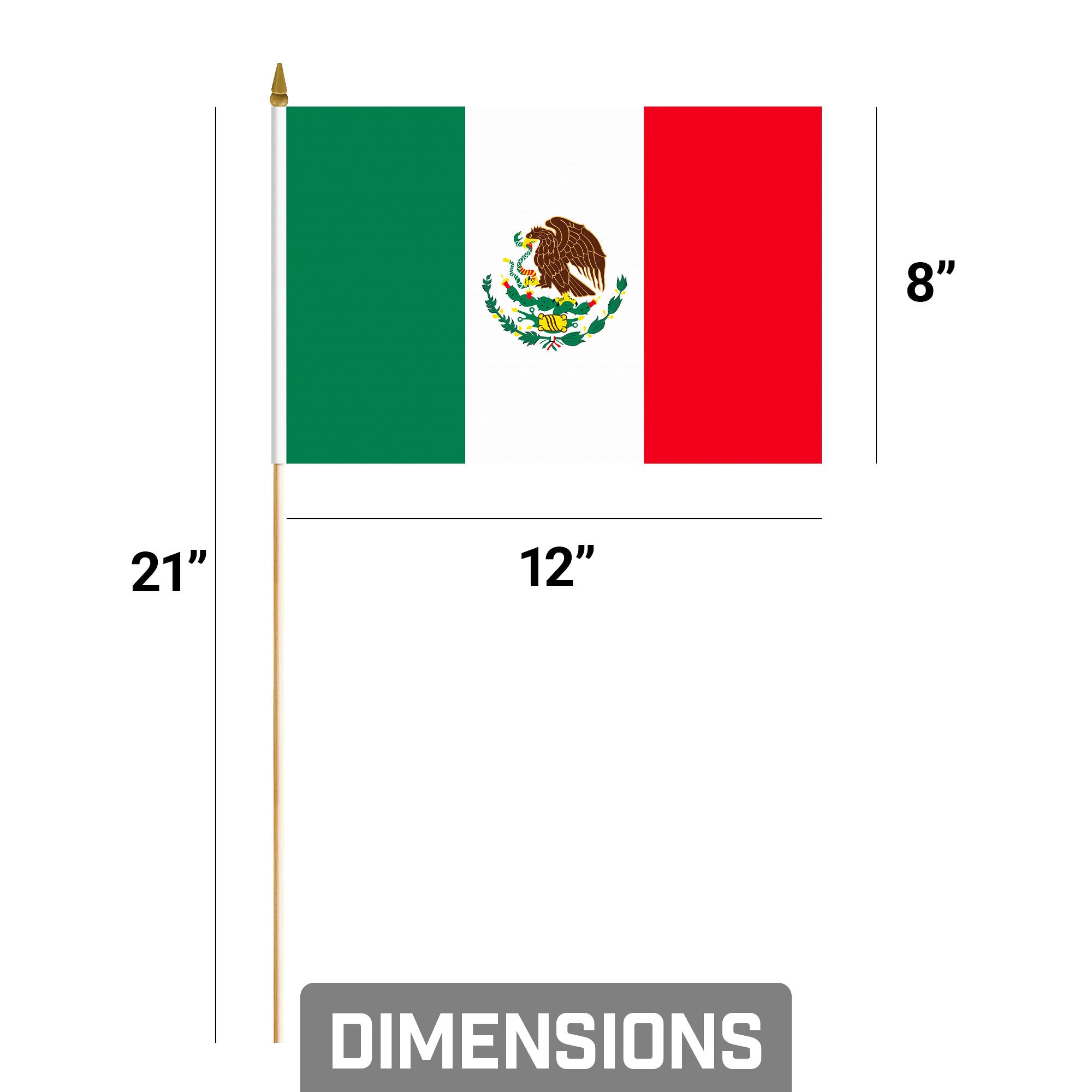G128 30 Pack Handheld Mexico Mexican Stick Flags | 8x12 In | Printed 150D Polyester, Country Flag, Solid Wooden Stick, Spear Gold Tip