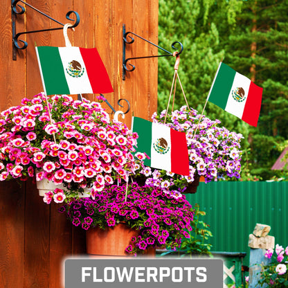G128 24 Pack Handheld Mexico Mexican Stick Flags | 8x12 In | Printed 150D Polyester, Country Flag, Solid Wooden Stick, Spear Gold Tip