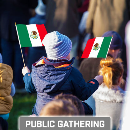 G128 30 Pack Handheld Mexico Mexican Stick Flags | 8x12 In | Printed 150D Polyester, Country Flag, Solid Wooden Stick, Spear Gold Tip