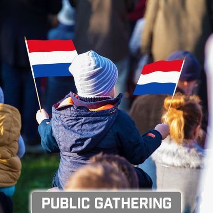 G128 50 Pack Handheld Netherlands Dutch Stick Flags | 8x12 In | Printed 150D Polyester, Country Flag, Solid Wooden Stick, Spear Gold Tip
