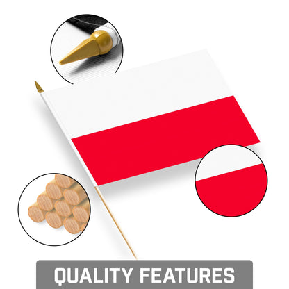 G128 30 Pack Handheld Poland Polish Stick Flags | 8x12 In | Printed 150D Polyester, Country Flag, Solid Wooden Stick, Spear Gold Tip