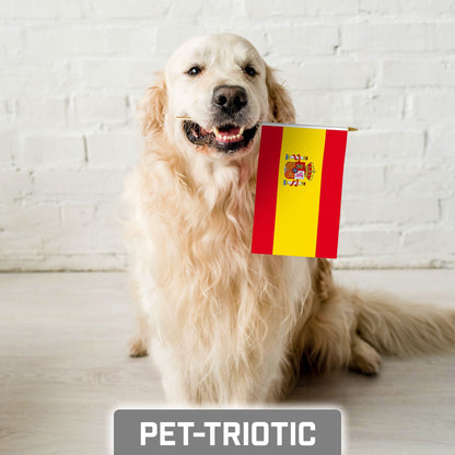 G128 50 Pack Handheld Spain Spanish Stick Flags | 8x12 In | Printed 150D Polyester, Country Flag, Solid Wooden Stick, Spear Gold Tip