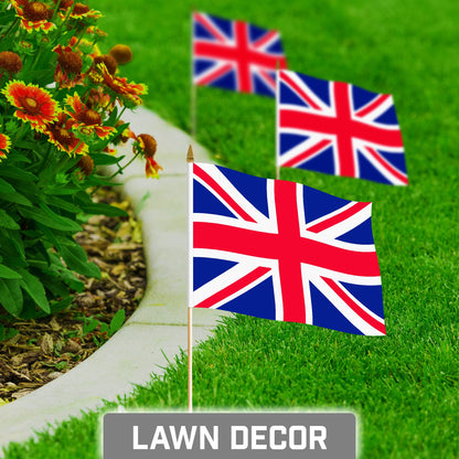 G128 24 Pack Handheld United Kingdom UK Stick Flags | 8x12 In | Printed 150D Polyester, Country Flag, Solid Wooden Stick, Spear Gold Tip