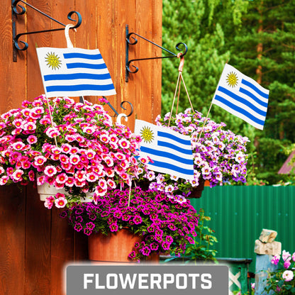 G128 50 Pack Handheld Uruguay Uruguayan Stick Flags | 8x12 In | Printed 150D Polyester, Country Flag, Solid Wooden Stick, Spear Gold Tip
