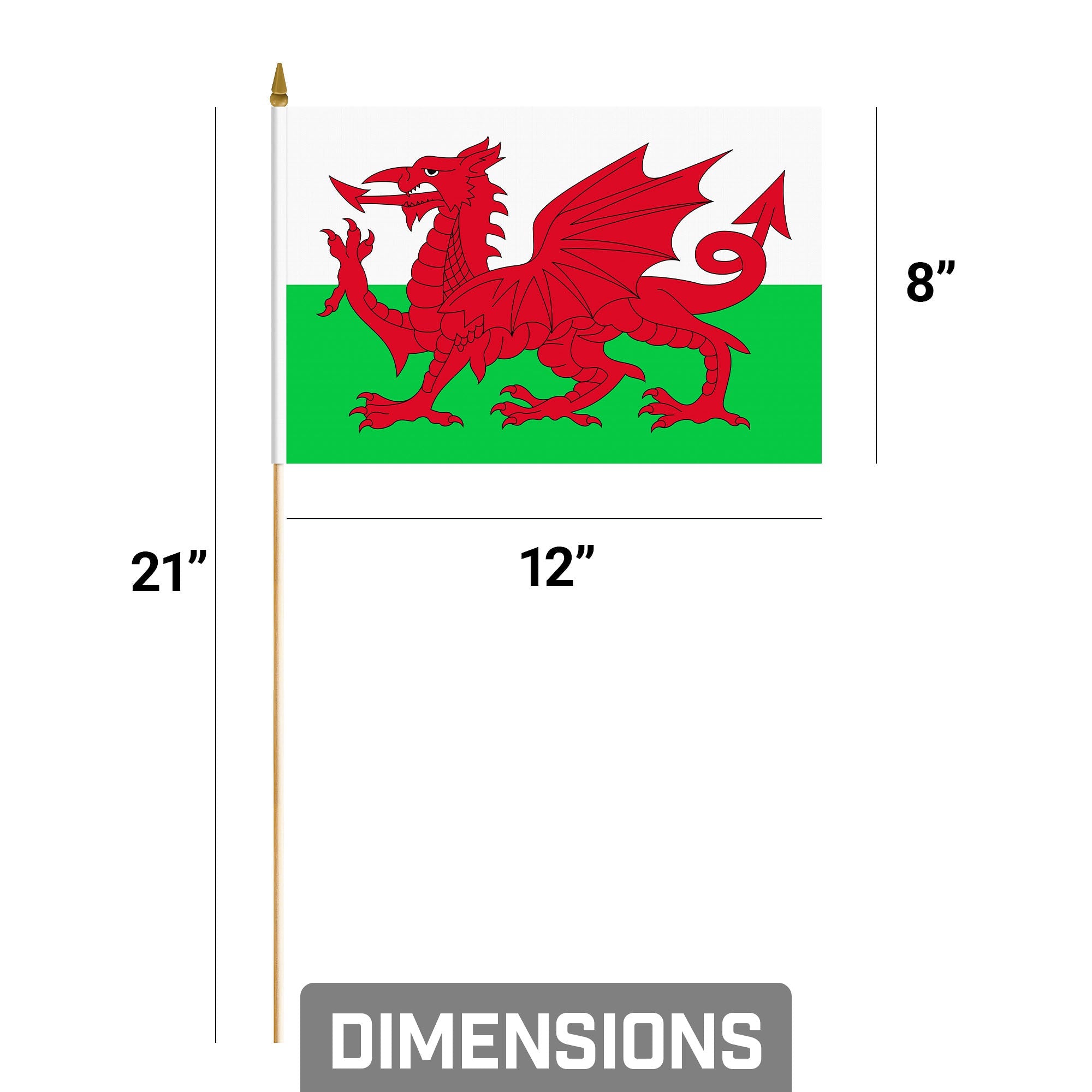 G128 30 Pack Handheld Wales Welsh Stick Flags | 8x12 In | Printed 150D Polyester, Country Flag, Solid Wooden Stick, Spear Gold Tip