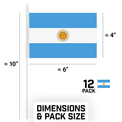 12 Pack Handheld Argentina Argentinian Stick Flags | 4x6 In | Printed 150D Polyester, Country Flag, Solid Plastic Stick, Spear White Tip