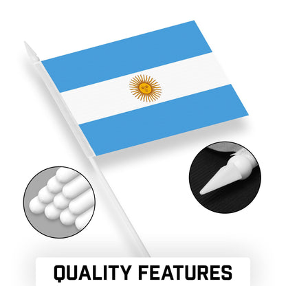 24 Pack Handheld Argentina Argentinian Stick Flags | 4x6 In | Printed 150D Polyester, Country Flag, Solid Plastic Stick, Spear White Tip