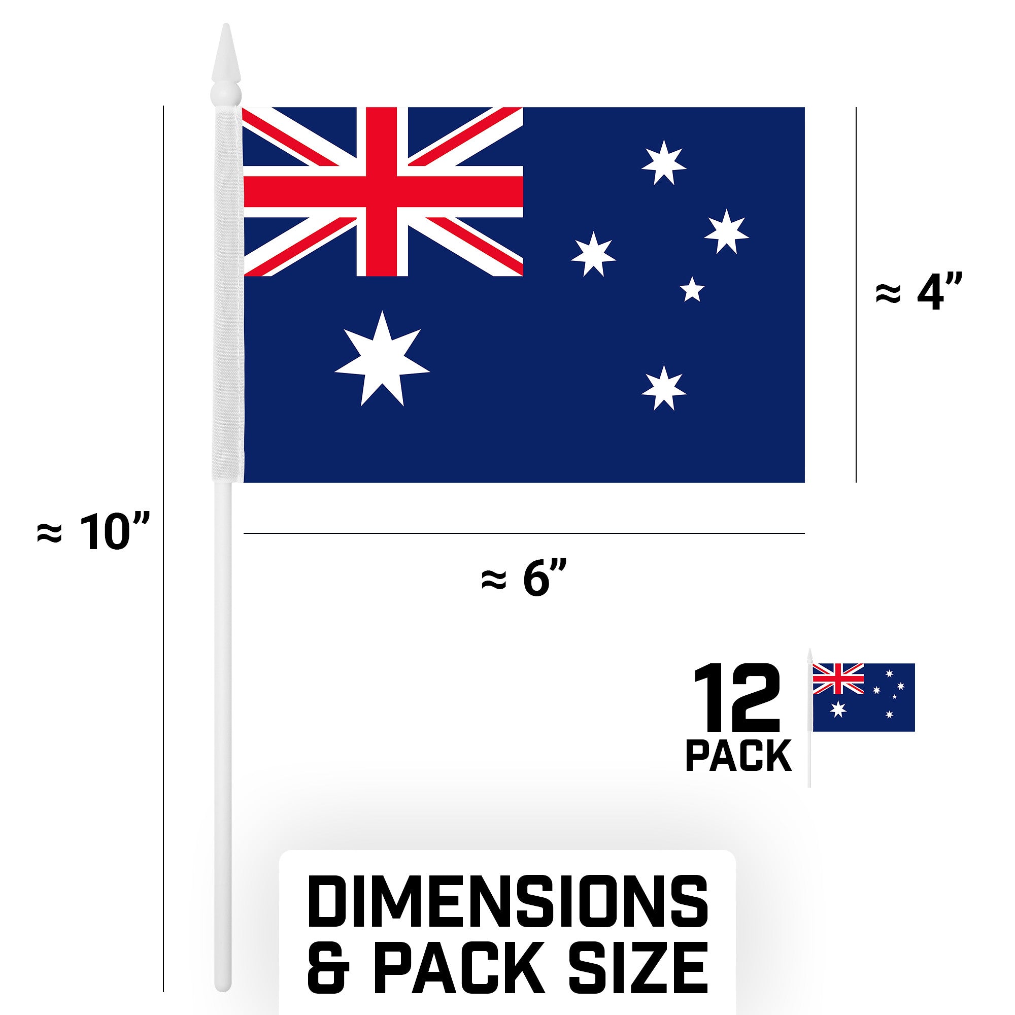 G128 12 Pack Handheld Australia Australian Stick Flags | 4x6 In | Printed 150D Polyester, Country Flag, Solid Plastic Stick, Spear White Tip