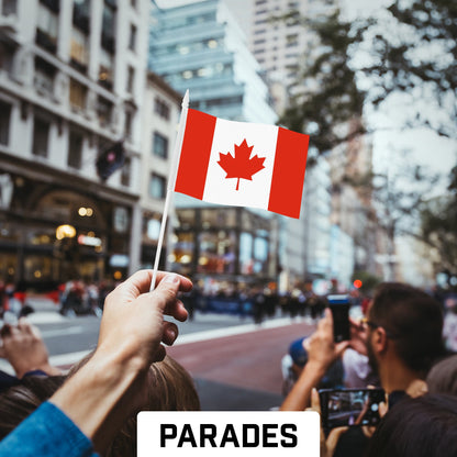 G128 12 Pack Handheld Canada Canadian Stick Flags | 4x6 In | Printed 150D Polyester, Country Flag, Solid Plastic Stick, Spear White Tip
