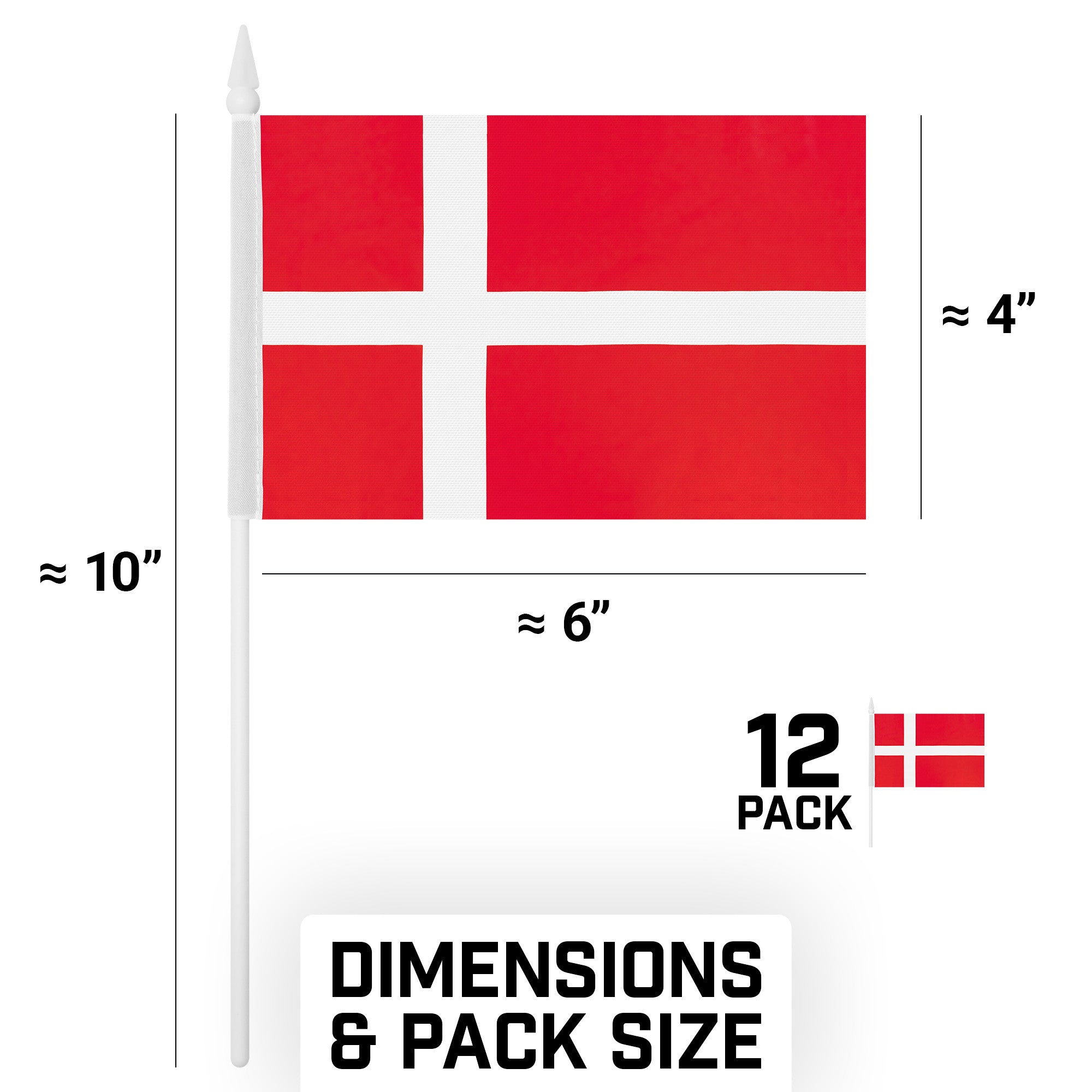 G128 12 Pack Handheld Denmark Danish Stick Flags | 4x6 In | Printed 150D Polyester, Country Flag, Solid Plastic Stick, Spear White Tip