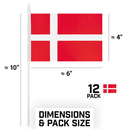 G128 12 Pack Handheld Denmark Danish Stick Flags | 4x6 In | Printed 150D Polyester, Country Flag, Solid Plastic Stick, Spear White Tip