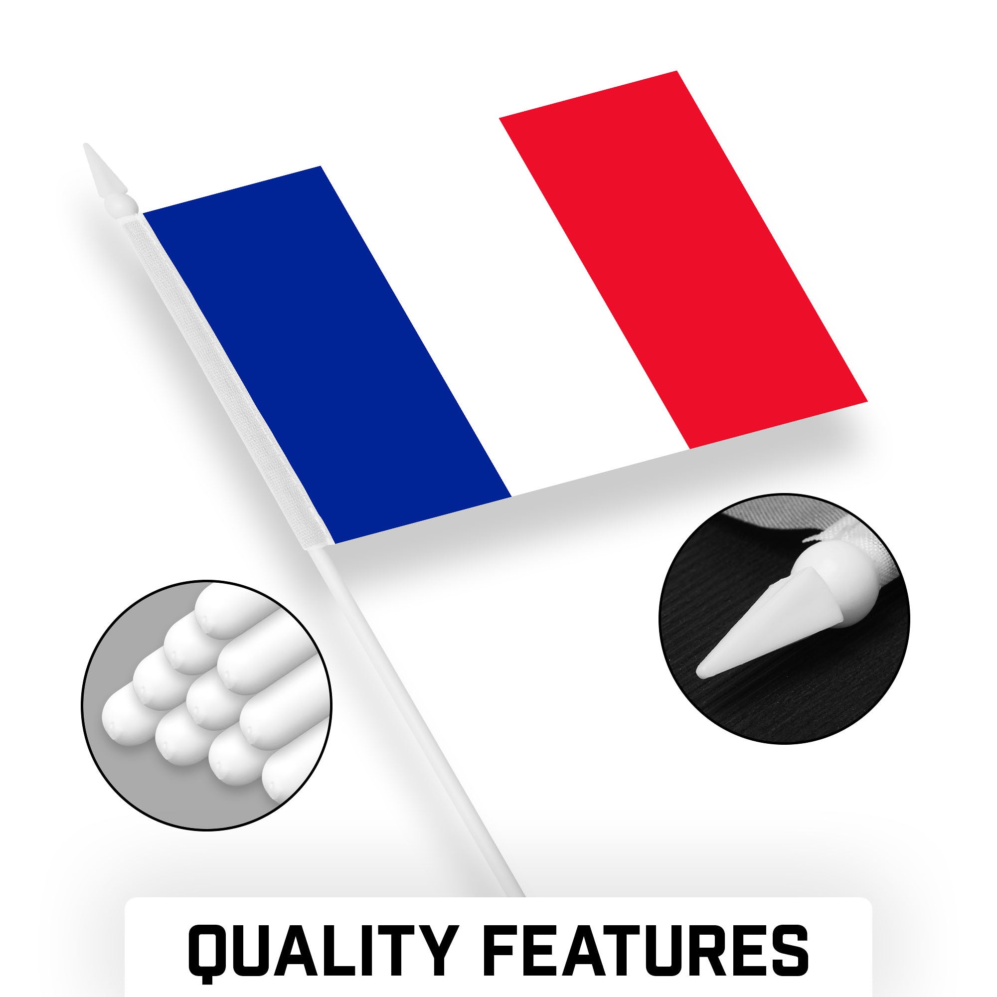 G128 24 Pack Handheld France French Stick Flags | 4x6 In | Printed 150D Polyester, Country Flag, Solid Plastic Stick, Spear White Tip