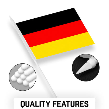 G128 30 Pack Handheld Germany German Stick Flags | 4x6 In | Printed 150D Polyester, Country Flag, Solid Plastic Stick, Spear White Tip