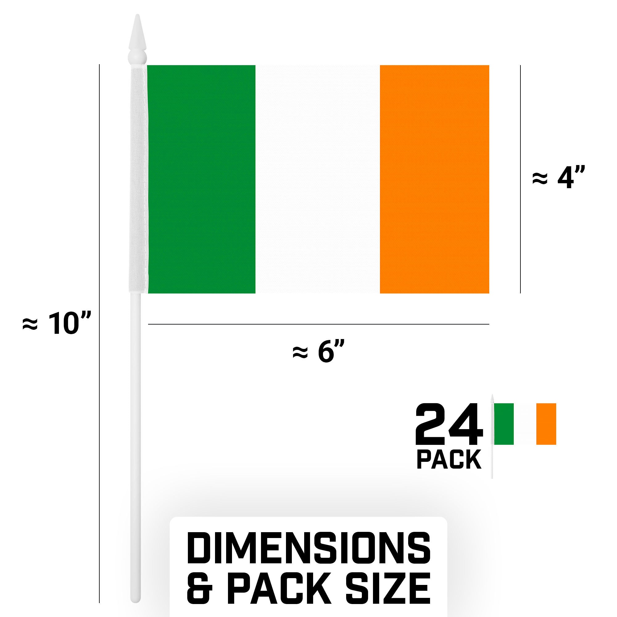 G128 24 Pack Handheld Ireland Irish Stick Flags | 4x6 In | Printed 150D Polyester, Country Flag, Solid Plastic Stick, Spear White Tip