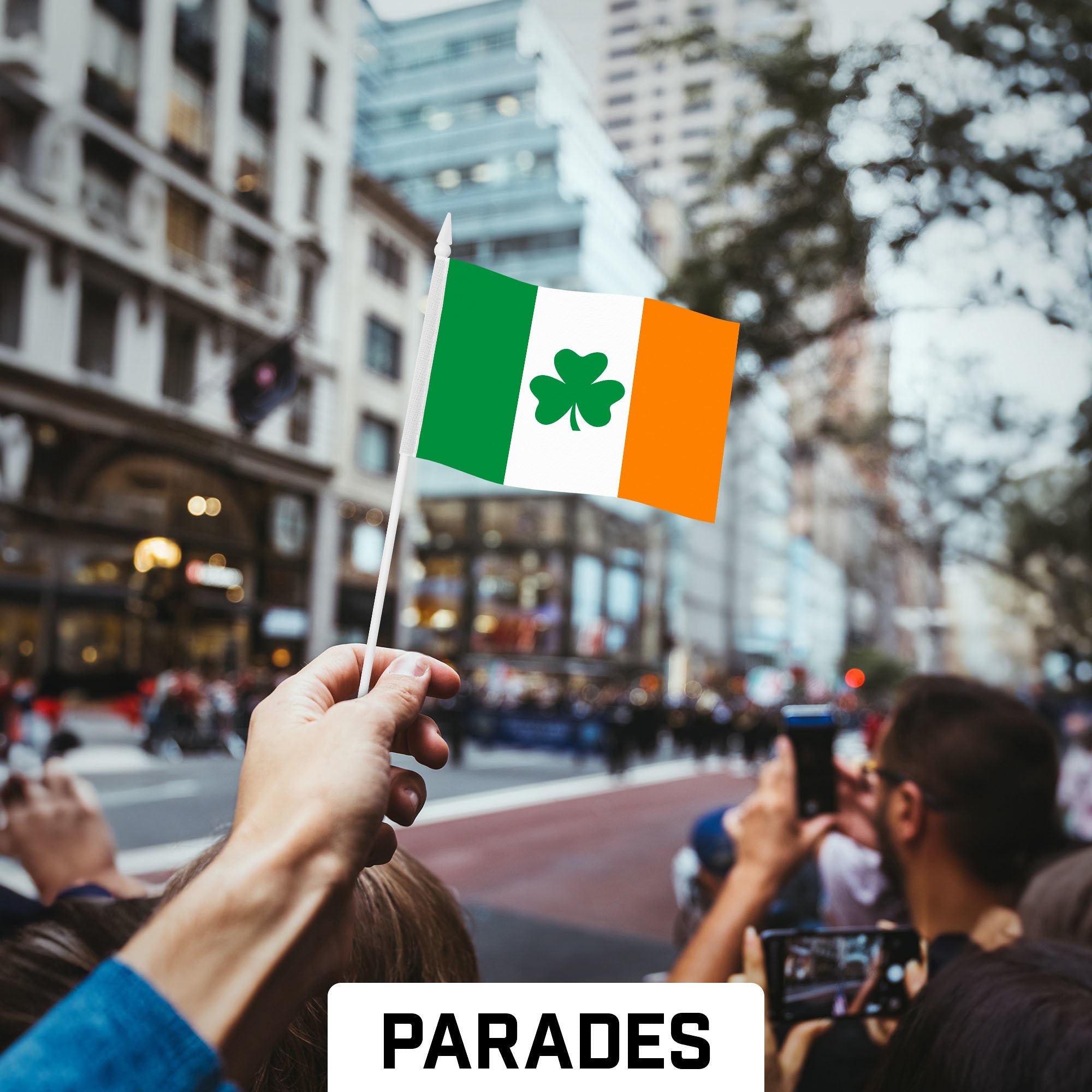 G128 50 Pack Handheld Ireland Shamrock Irish Stick Flags | 4x6 In | Printed 150D Polyester, Country Flag, Solid Plastic Stick, Spear White Tip