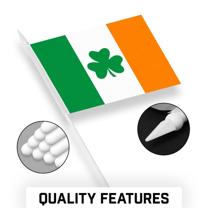 G128 30 Pack Handheld Ireland Shamrock Irish Stick Flags | 4x6 In | Printed 150D Polyester, Country Flag, Solid Plastic Stick, Spear White Tip
