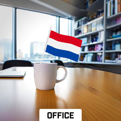G128 12 Pack Handheld Netherlands Dutch Stick Flags | 4x6 In | Printed 150D Polyester, Country Flag, Solid Plastic Stick, Spear White Tip
