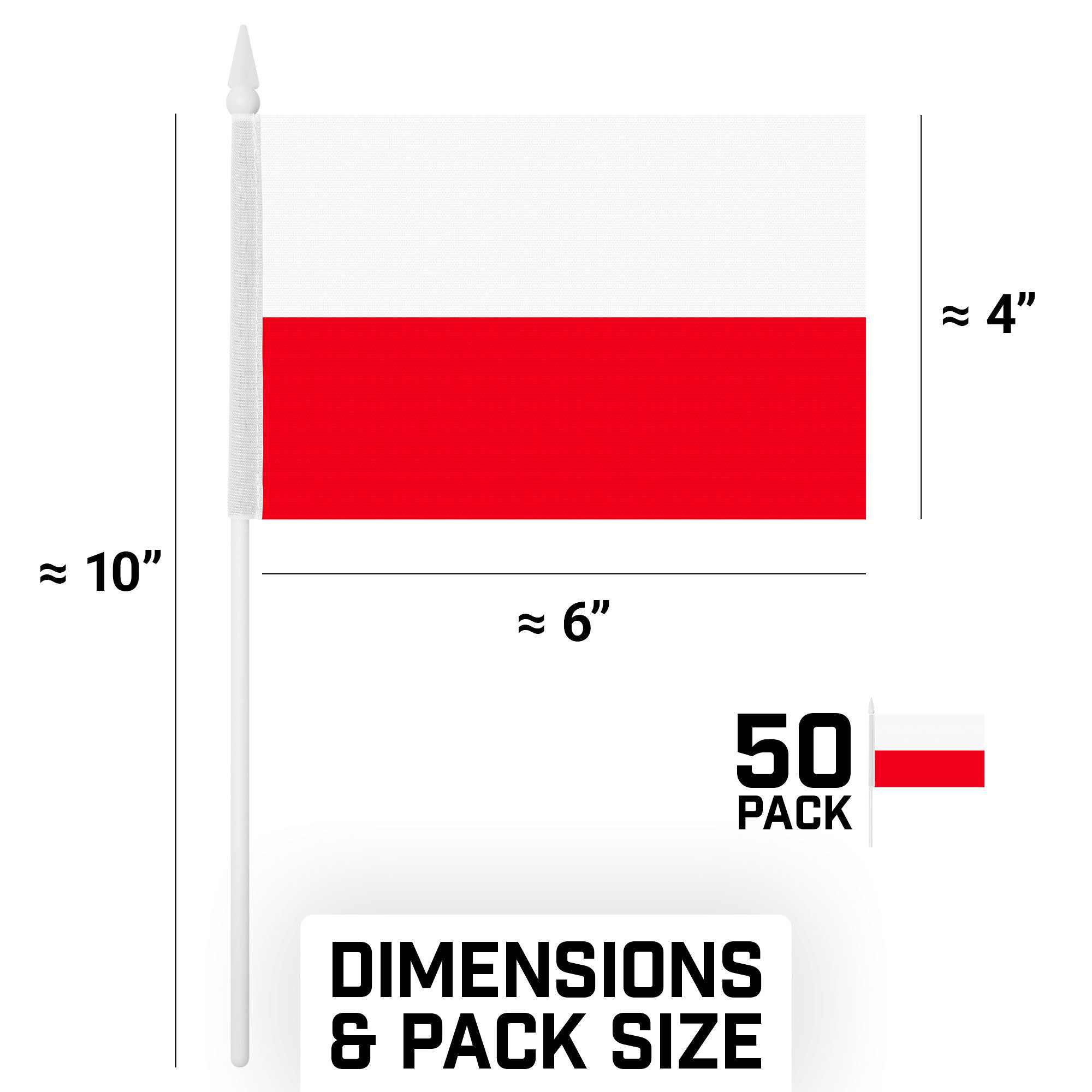 G128 50 Pack Handheld Poland Polish Stick Flags | 4x6 In | Printed 150D Polyester, Country Flag, Solid Plastic Stick, Spear White Tip