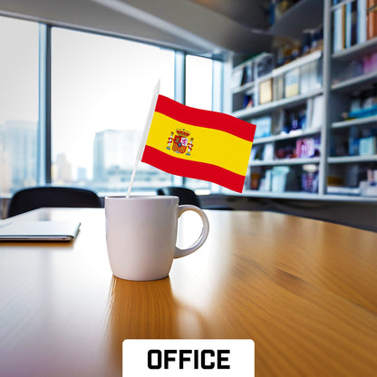 G128 24 Pack Handheld Spain Spanish Stick Flags | 4x6 In | Printed 150D Polyester, Country Flag, Solid Plastic Stick, Spear White Tip