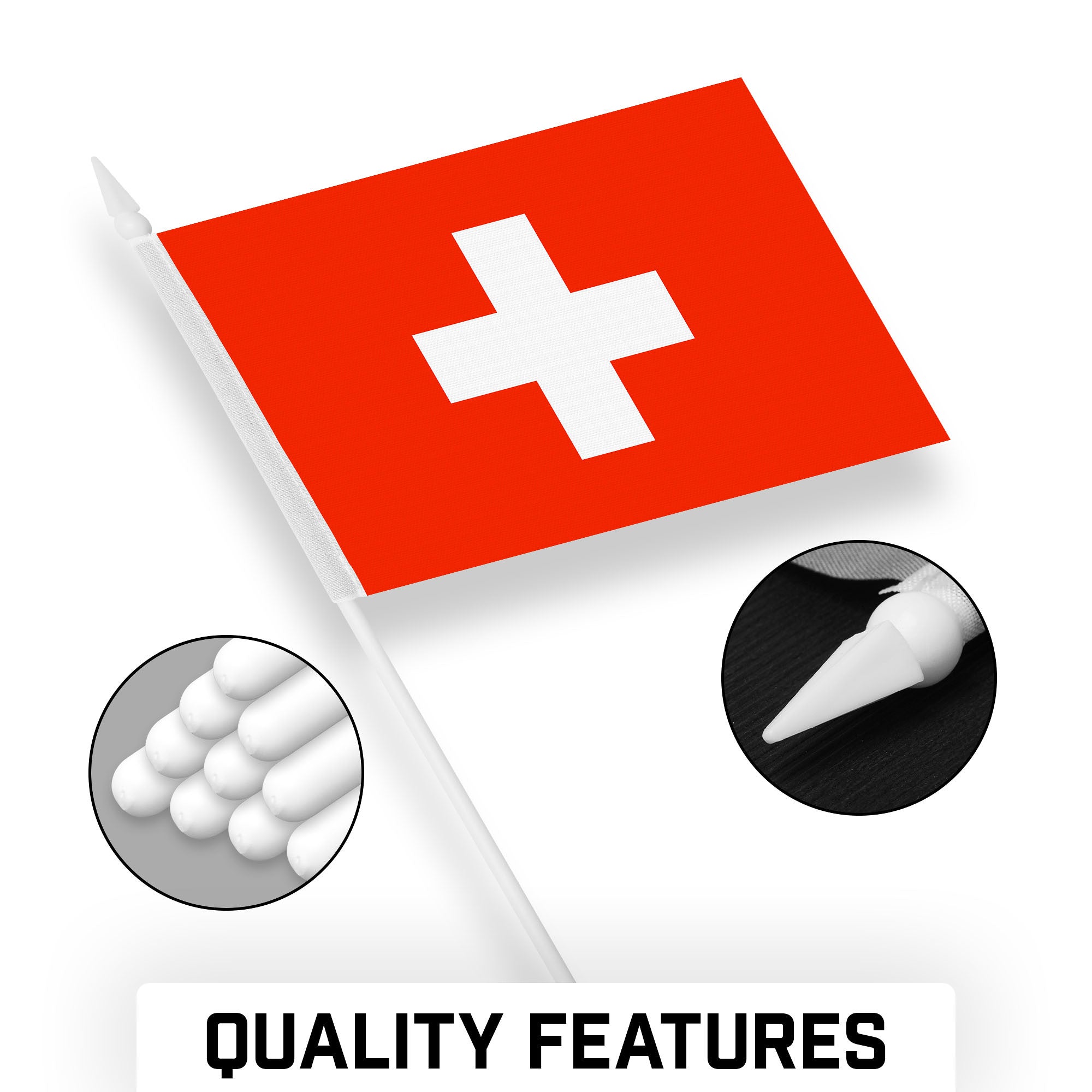 G128 24 Pack Handheld Switzerland Swiss Stick Flags | 4x6 In | Printed 150D Polyester, Country Flag, Solid Plastic Stick, Spear White Tip